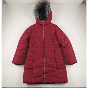 Calvin Klein Aerial Hooded Puffer Jacket Girls Red Berry Full Zip Faux Fur